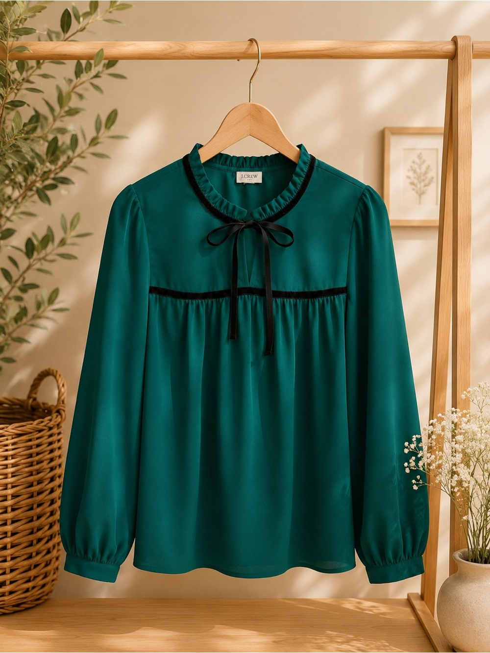 J. Crew Teal Ruffle-Neck Long-Sleeve Blouse with Black Trim